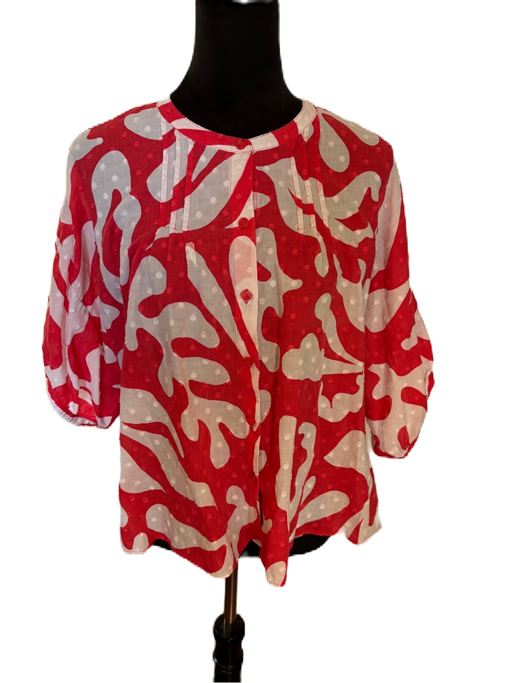 Chico's Red/Coral and White Abstract Printed Button-Front Blouse